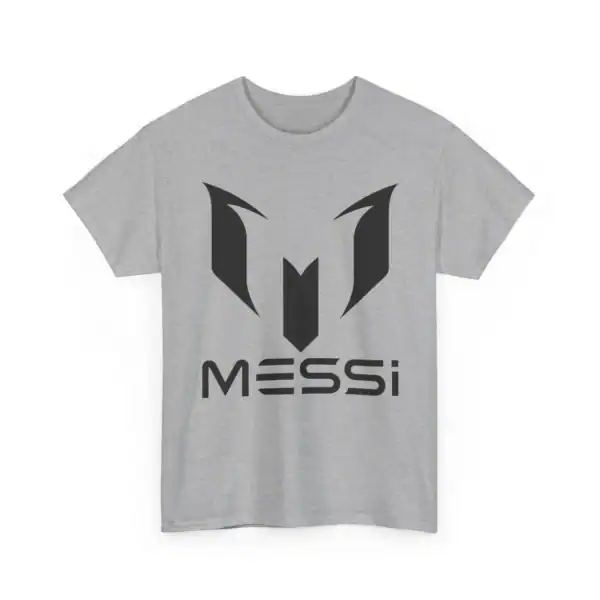 Stylish gray T-shirt featuring a bold black Messi logo, perfect for fans seeking affordable, high-quality merchandise for everyday wear.