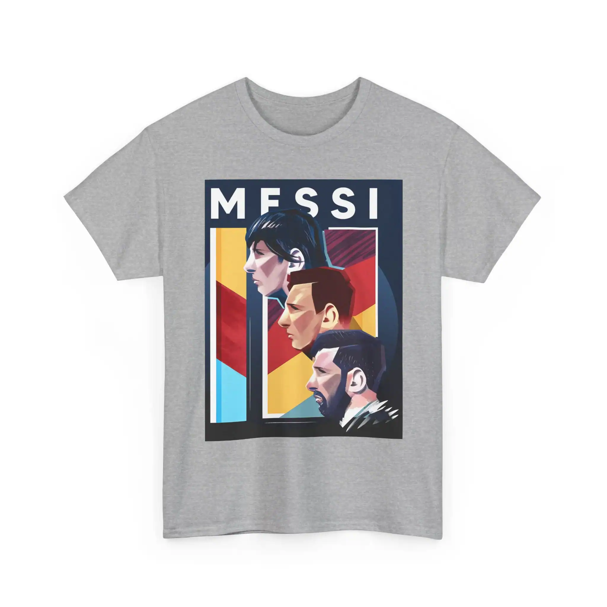 Messi-themed graphic t-shirt featuring a modern, artistic illustration of Lionel Messi with bold colors and a sleek design. Perfect for football fans seeking affordable, high-quality merchandise.