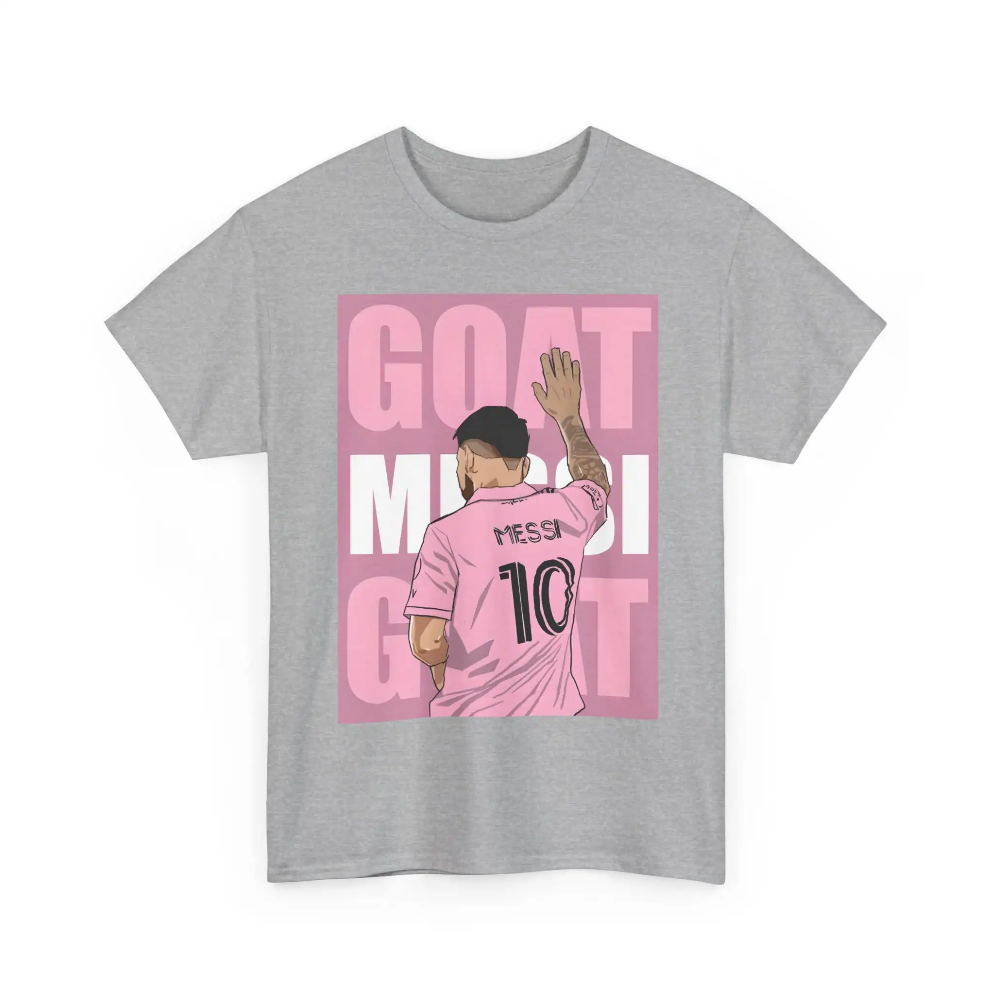 High-quality grey t-shirt featuring a stylish illustrated print of Messi in a pink jersey, celebrating his iconic number 10 for football fans.