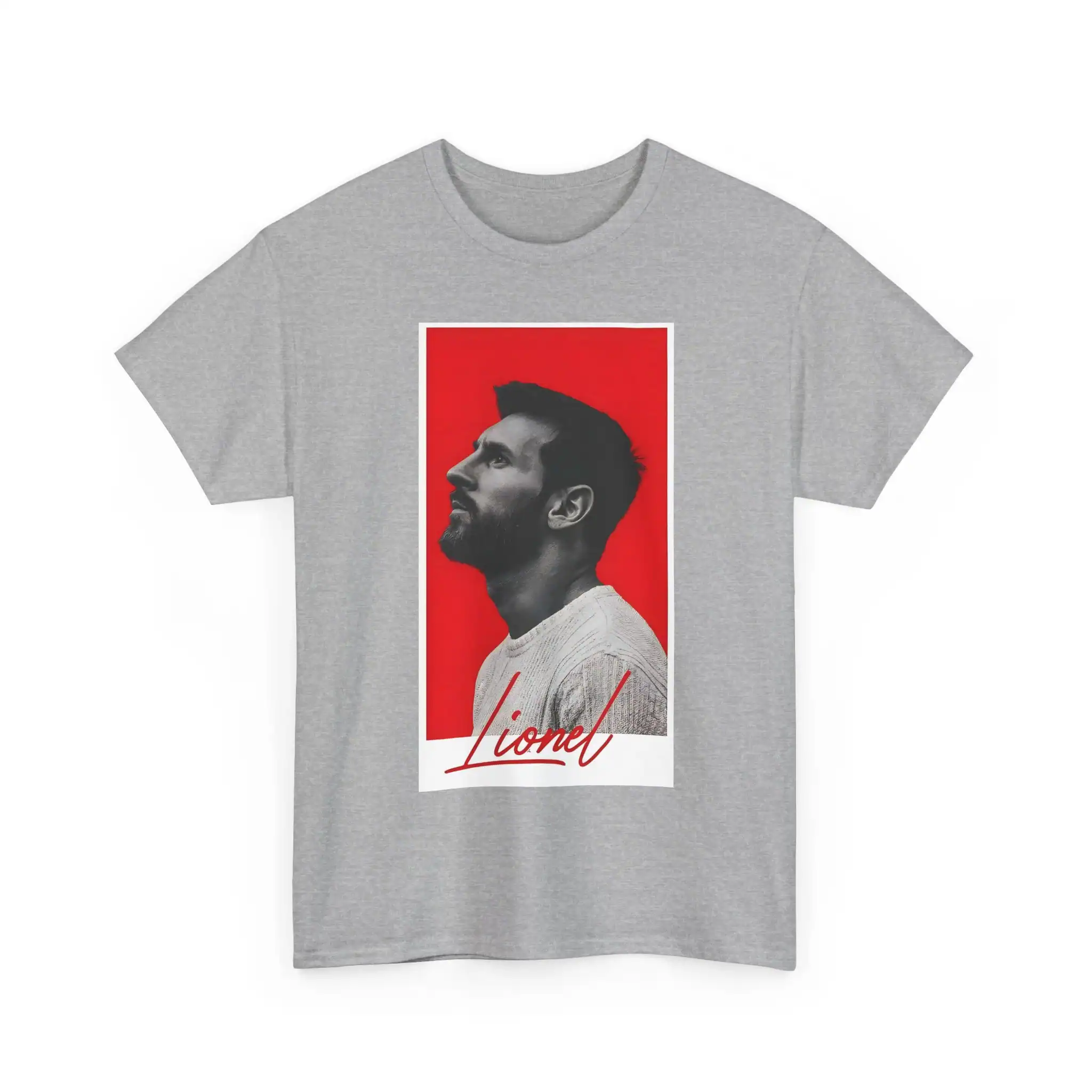 Youthful gray t-shirt featuring a stylish black-and-white portrait of Lionel Messi against a vibrant red background, with his name written in red script at the bottom. Perfect for fans of high-quality, affordable merch.