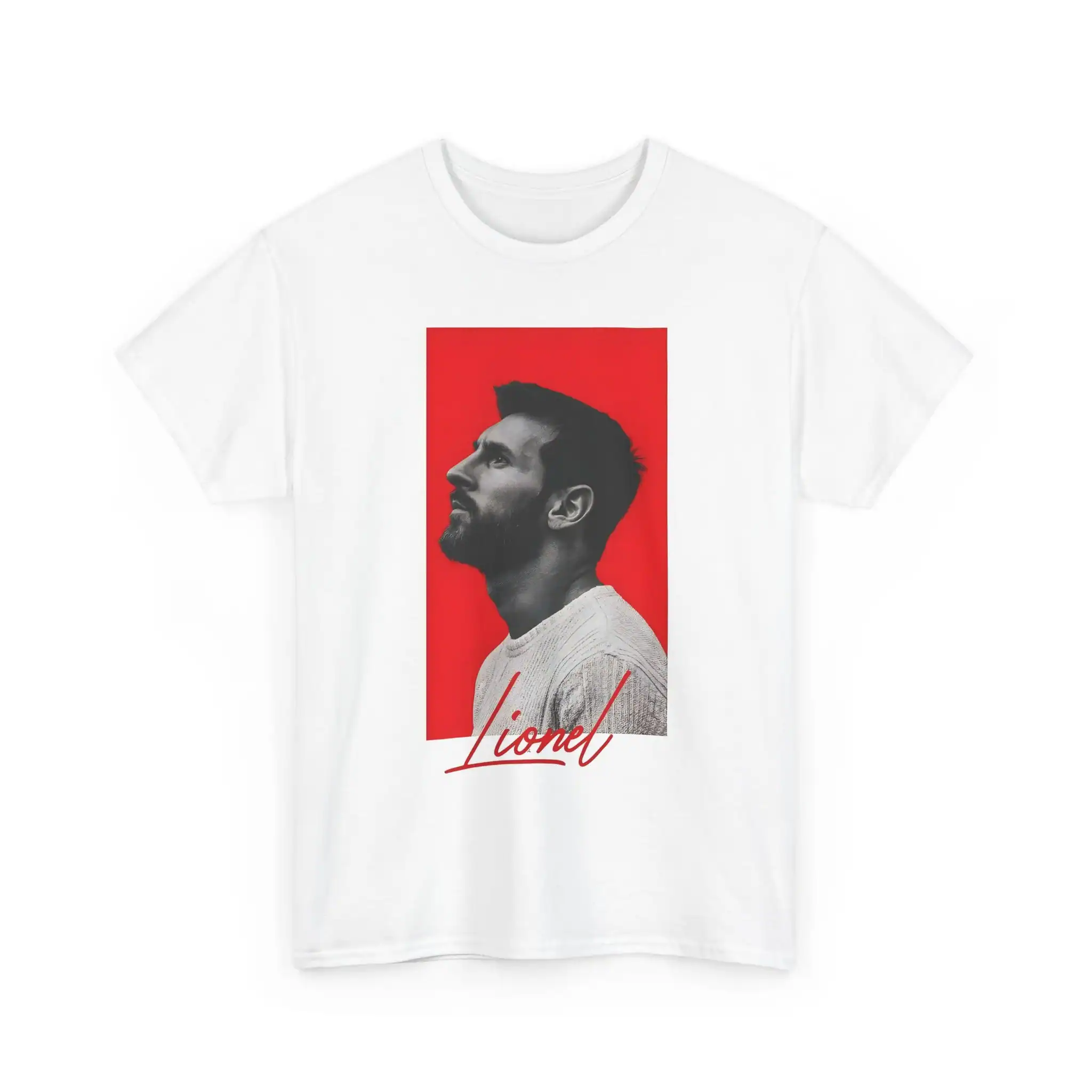 Lionel shirt with a high-quality graphic print of a man's profile on a red background, perfect for affordable and stylish merchandise.