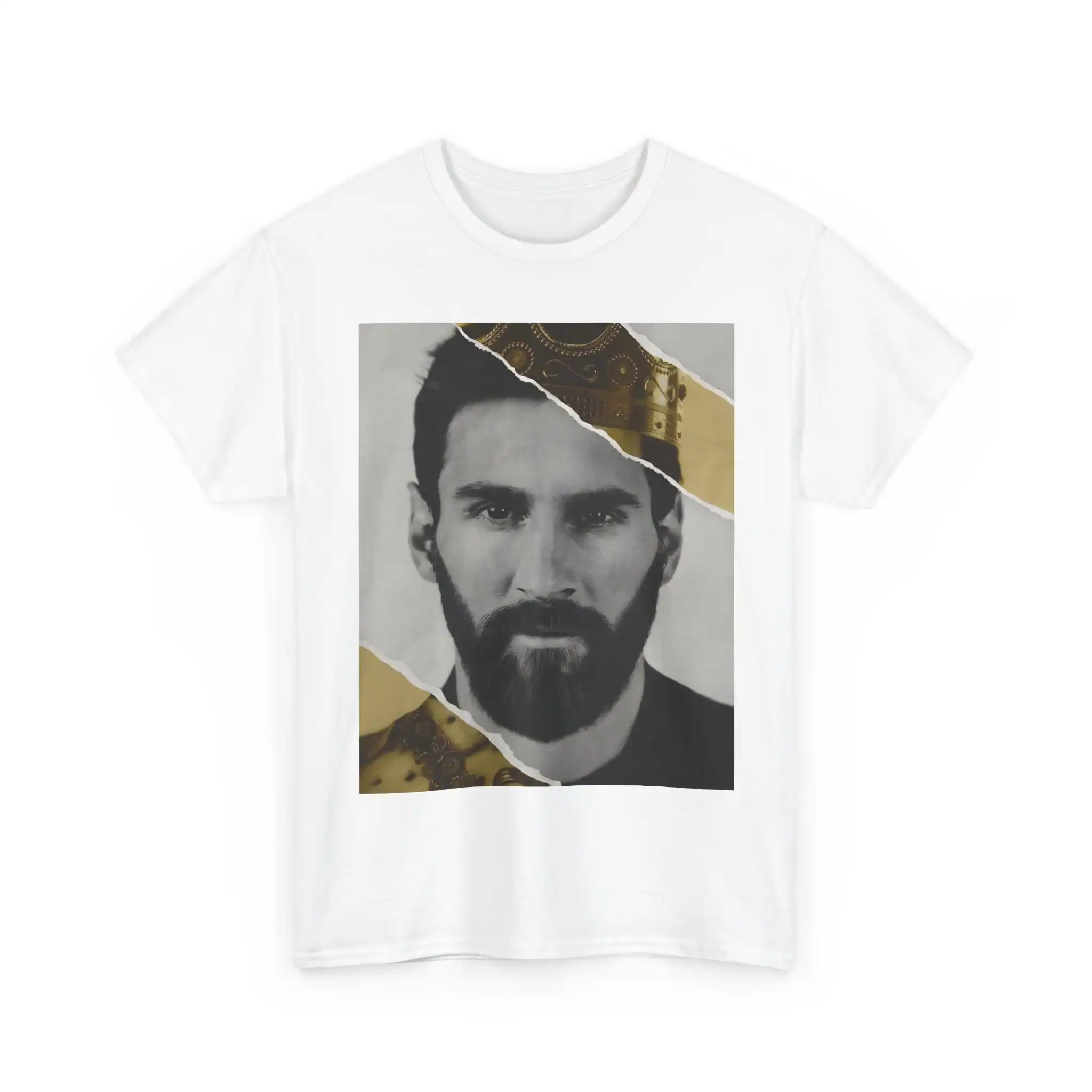 Hipster men's t-shirt with a black and white portrait featuring torn paper effects and gold accents, high quality and affordable.