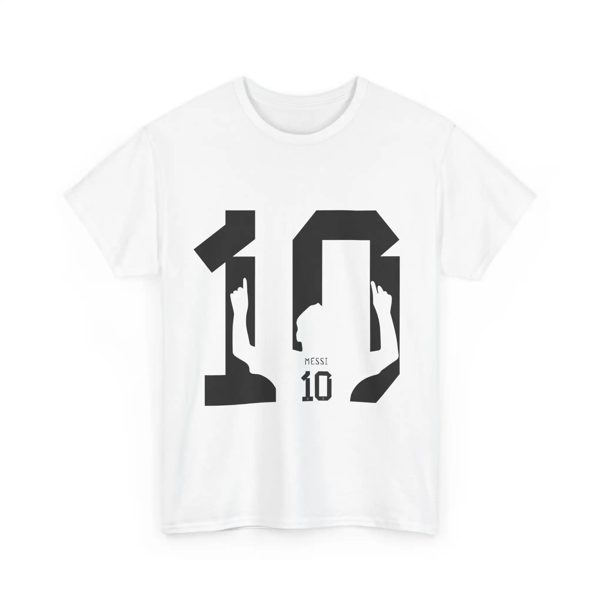 High-quality white T-shirt featuring a bold black number 10 with a Messi theme, perfect for sports fans seeking affordable and stylish merchandise.