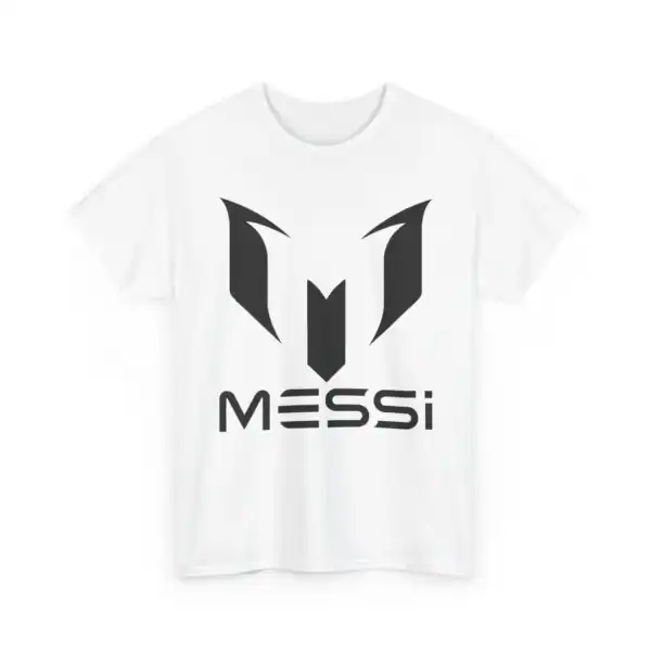 Cool minimalist MESSI logo t-shirt, affordable high-quality merch with bold black design on a white shirt, perfect for soccer fans and team supporters. Great for casual wear or showing team spirit.