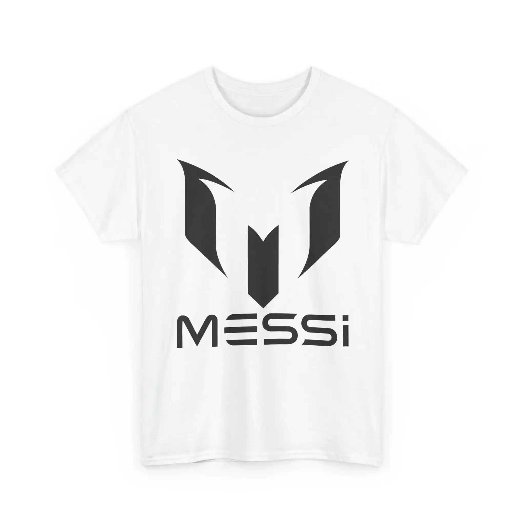 Cool minimalist MESSI logo t-shirt, affordable high-quality merch with bold black design on a white shirt, perfect for soccer fans and team supporters. Great for casual wear or showing team spirit.