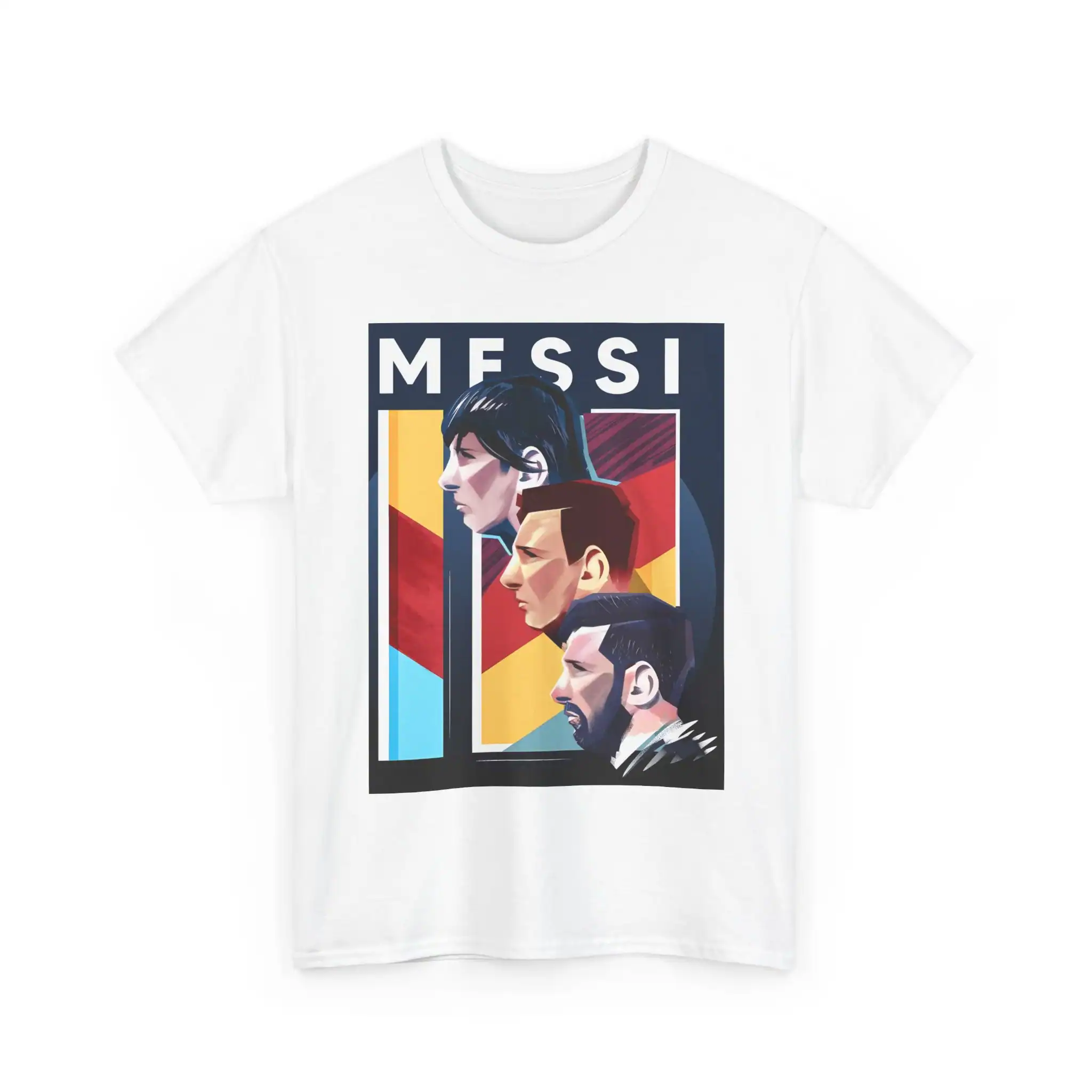 Mens graphic t-shirt featuring a stylish portrait of Messi with bold colors, high quality print, affordable price, perfect for sports fans and casual wear.