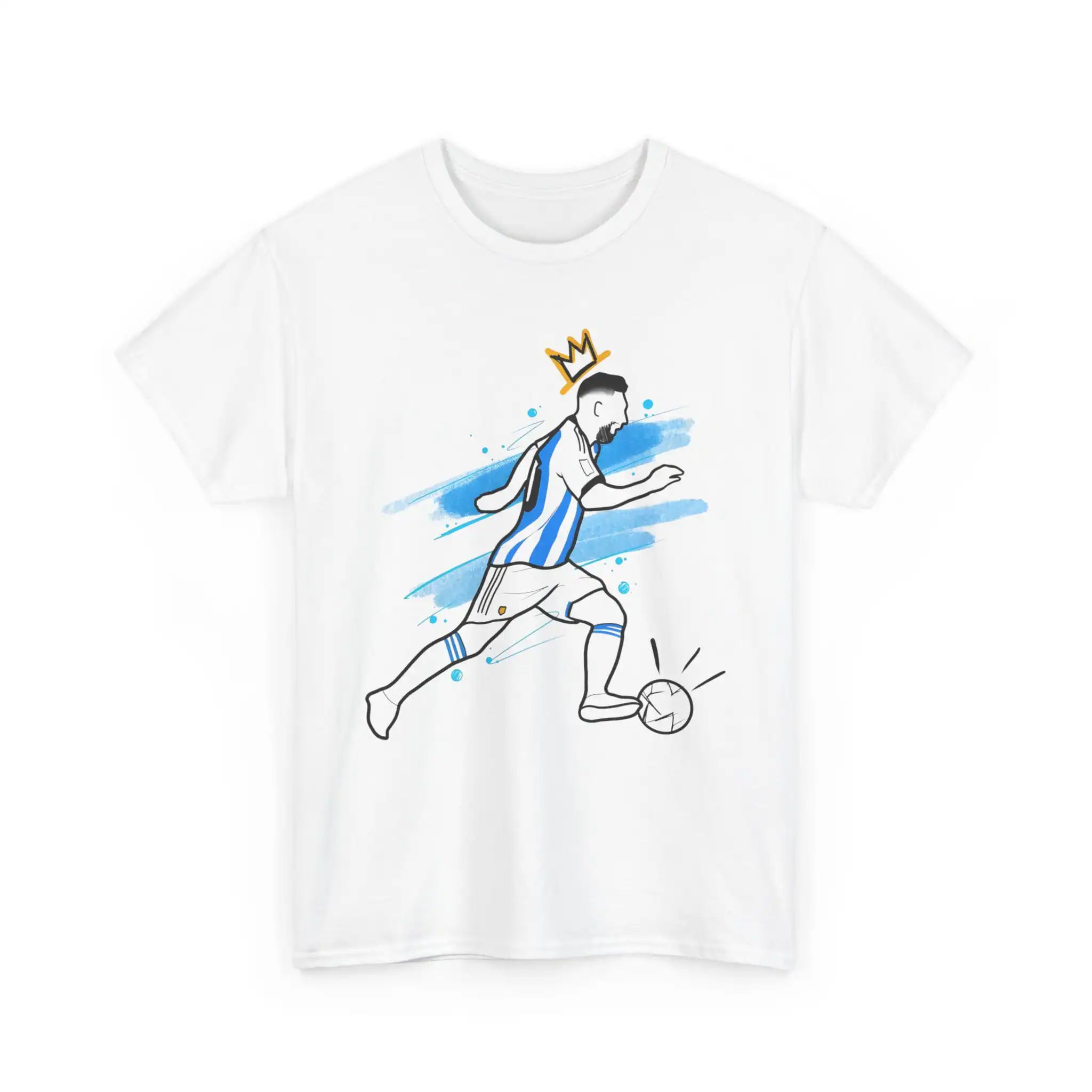 Soccer player illustration on white t-shirt, fun and affordable sports merchandise, high-quality graphic design, perfect for fans and players alike, casual and stylish athletic apparel.