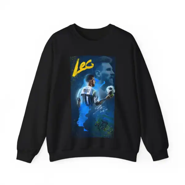 High-quality black sweatshirt featuring a vibrant graphic of Lionel Messi with his signature, perfect for sports fans and casual wear. Affordable, stylish merchandise for fans of soccer icon Messi.