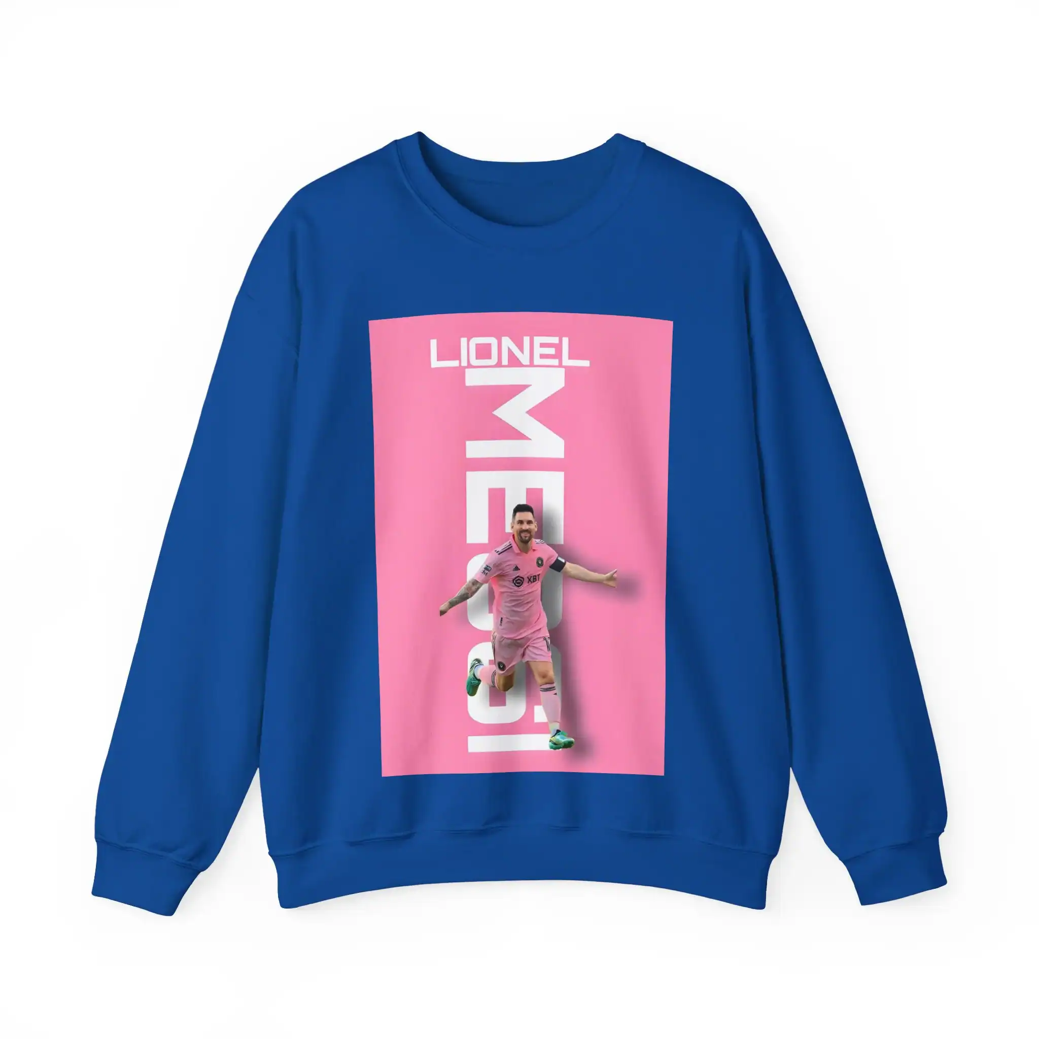 Lionel Messi sweatshirt with vibrant pink and blue design, featuring an action shot of the footballer in a pink kit and bold text. Perfect for fans seeking affordable, high-quality merchandise.