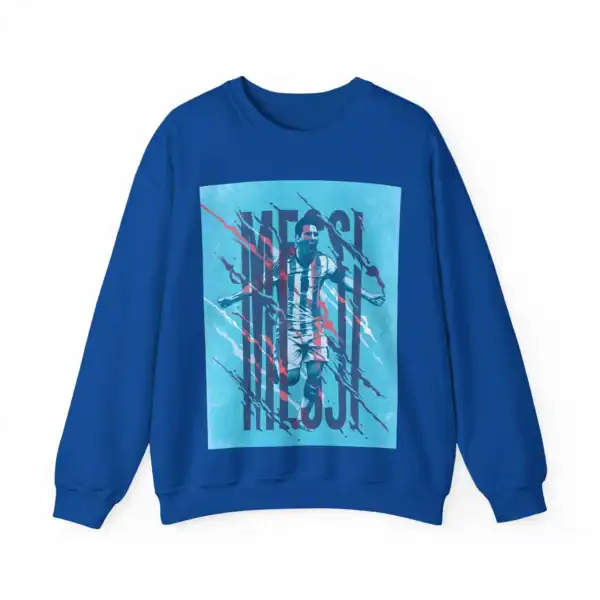 Bright blue sweatshirt featuring a high-quality graphic of a soccer player in action, perfect for fans seeking affordable and stylish sports merchandise.