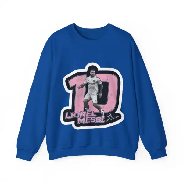 Lionel Messi sweatshirt with a graphic design, featuring a black and white picture of Messi and vibrant pink and purple accents, perfect for casual high-quality merch.