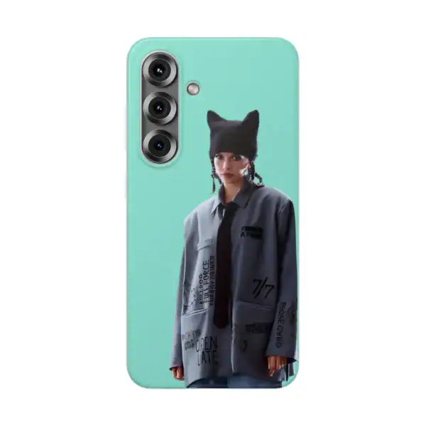 Stylish person on a mint green phone case with graffiti-style artwork, featuring a woman wearing a black hat and oversized gray jacket with various text and drawings.