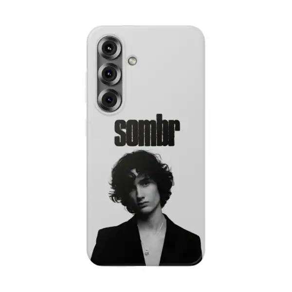 Sombre black and white phone case with a portrait of a young man and text design, affordable and high quality, ideal for custom merch collections.