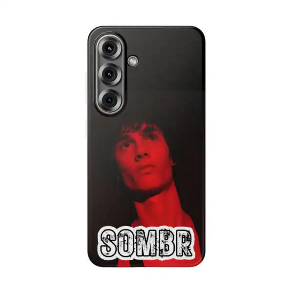 Retro style phone case featuring a vibrant image of a young man with "SOMBR" text, perfect for cheap high-quality merch. Durable, affordable, and trendy design for fans and collectors.