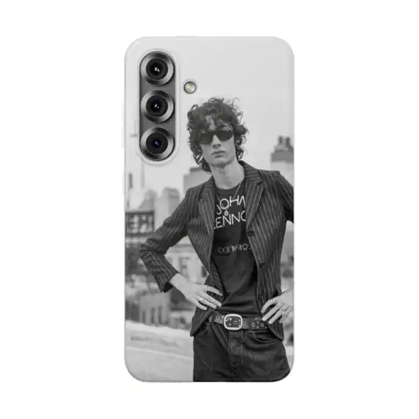 Black and white phone case featuring a stylish young person with curly hair, sunglasses, and a pinstripe blazer, on a city rooftop background.