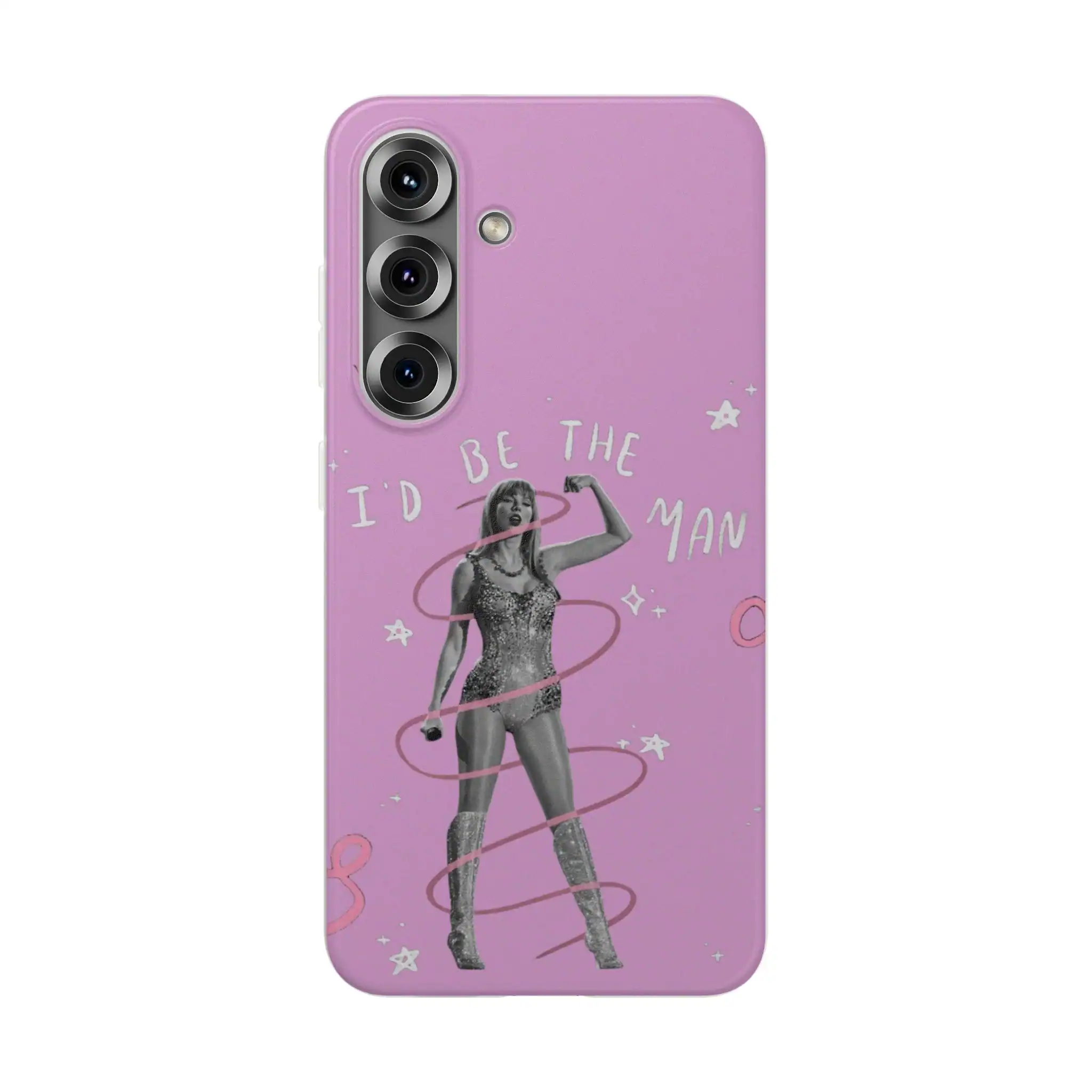 Vintage style phone case featuring a black-and-white image of a woman in a sparkly outfit, with fun doodles and the text "I'd Be The Man" on a pink background, affordable and high quality.