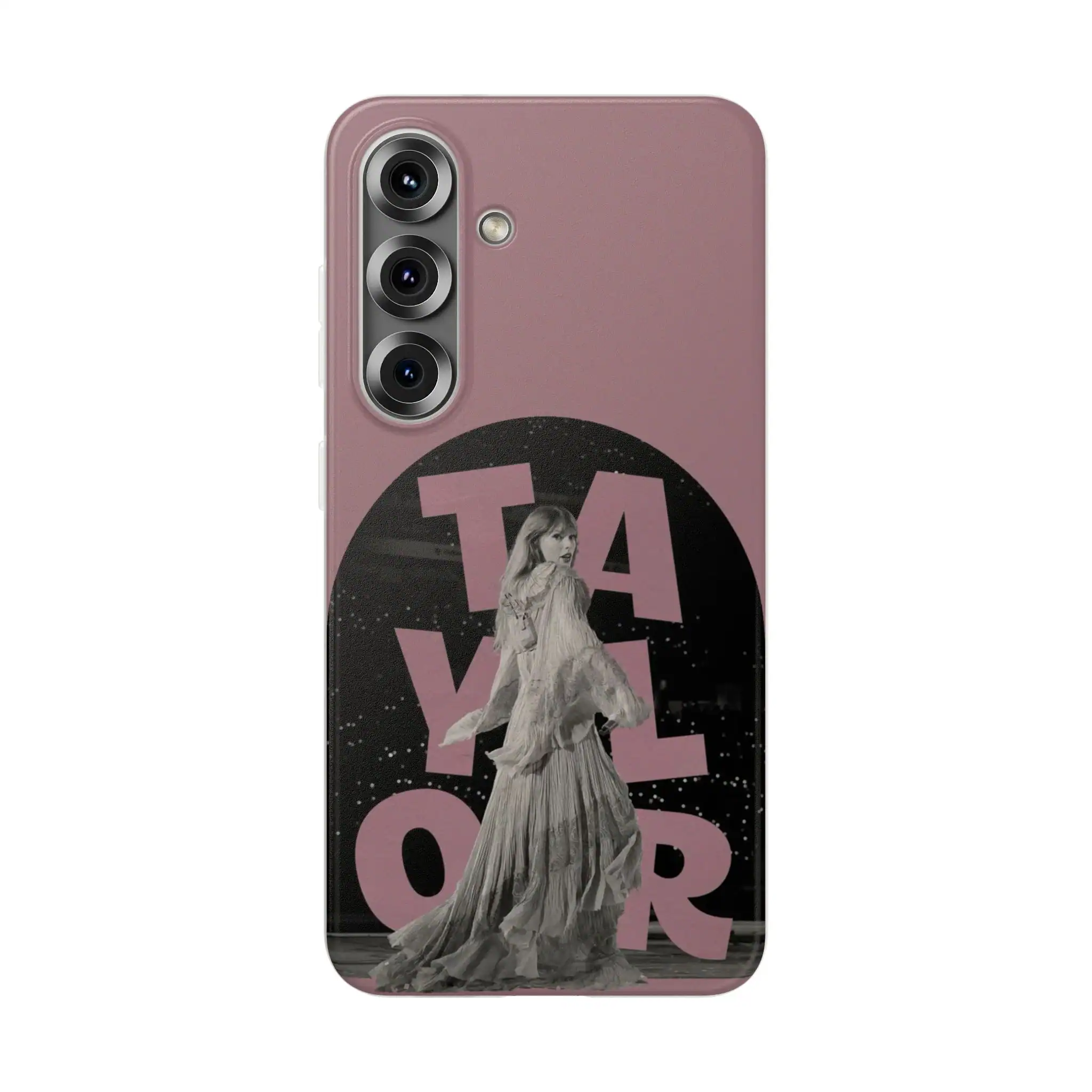 Stylish phone case featuring a monochrome image of a woman in a flowing dress with bold "TAYLOR" text in purple on a black background, perfect for fans of pop culture.