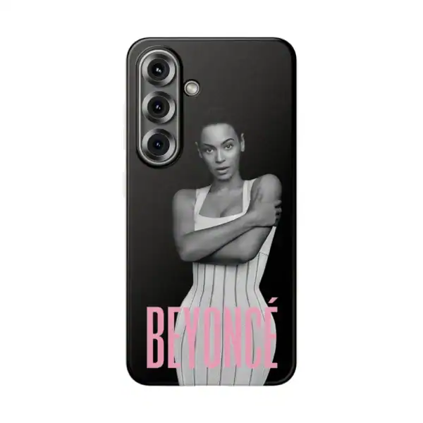 3. Stylish phone case featuring a monochrome image of Beyoncé with the word "BEYONCÉ" in pink text, perfect as affordable high-quality merchandise for fans.