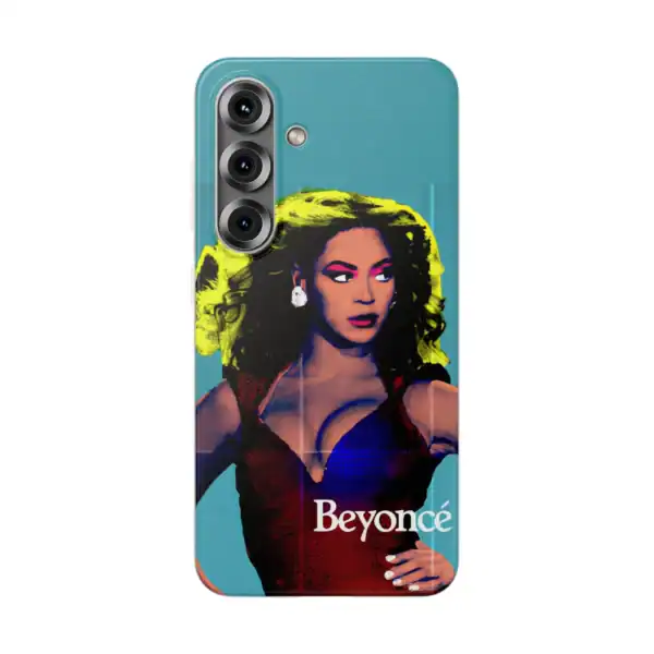Vibrant phone case featuring a stylized illustration of Beyoncé with bold colors and the text "Beyoncé" at the bottom, perfect for fans seeking affordable, high-quality merch.