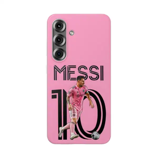 Messi soccer player phone case featuring a pink background, triple camera cutout, and a graphic of Lionel Messi in action. Perfect for fans looking for affordable, high-quality sports merchandise.