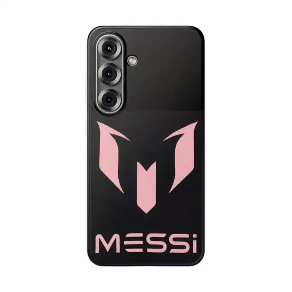 Messy logo phone case with pink and black design, high-quality and affordable accessory for fans of Messi and sports merchandise.