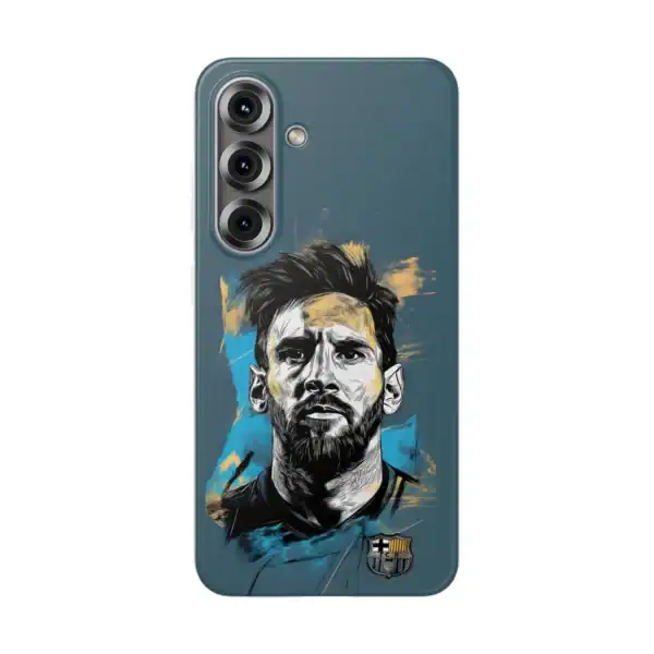Black and white illustrated portrait of a man on a blue phone case with club emblem.