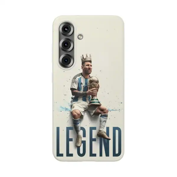 Heavily edited phone case featuring Lionel Messi in his Argentina national team uniform, sitting with a trophy, crowned, with the word "LEGEND" at the bottom, showcasing affordable high-quality merchandise.