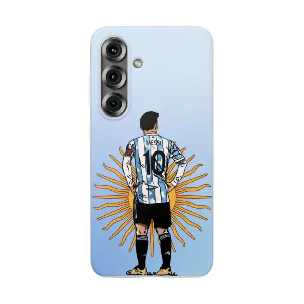Vintage soccer player illustration on a clear phone case, featuring Messi in an Argentina jersey with a sunburst design background.