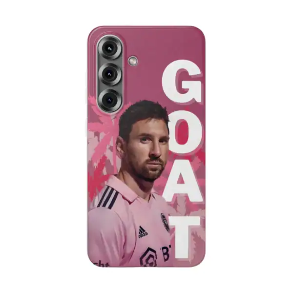 HDMI phone case with a pink background, featuring a famous football player wearing a pink jersey and bold white text spell out "GOAT" for a stylish sports fan accessory.