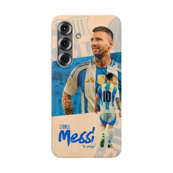 Lionel Messi phone case with his image in his Argentina national team jersey, featuring vibrant colors and a stylish design, showcasing a popular high-quality, affordable merchandise option.