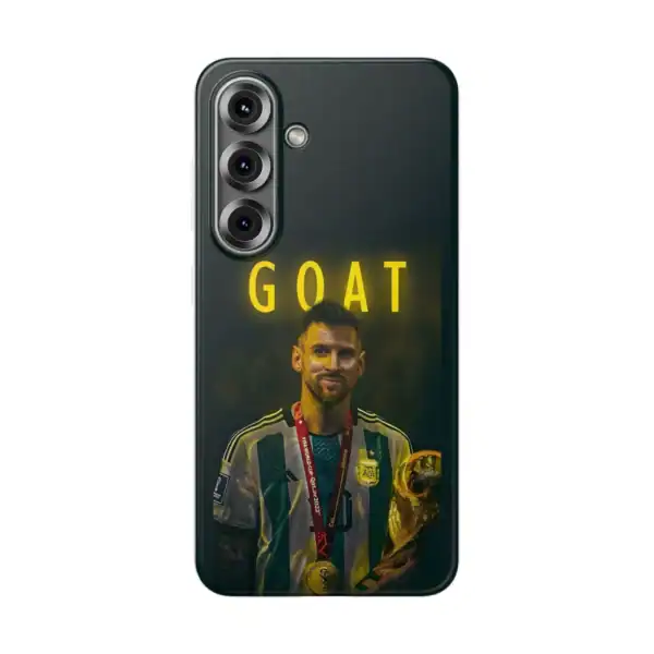Goat football player phone case, affordable high quality merchandise with sports theme, featuring a footballer holding a trophy and the bold text "GOAT" on the design.