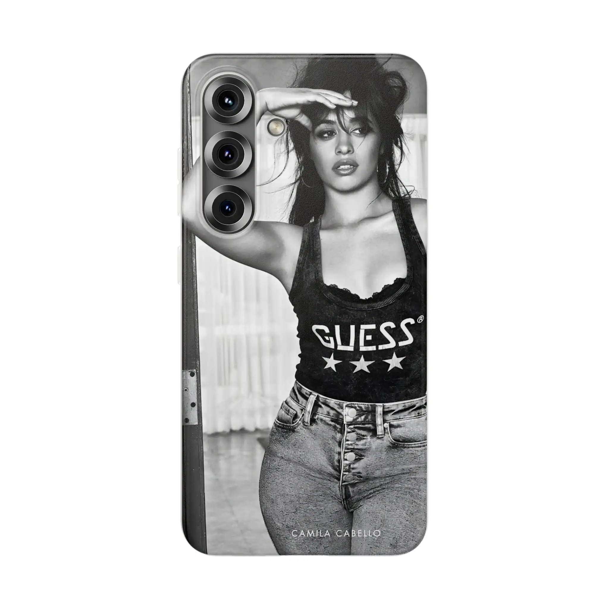 Stylish phone case featuring a black-and-white photo of a woman with messy hair wearing a Guess tank top and jeans, designed for high-quality, affordable merchandise.