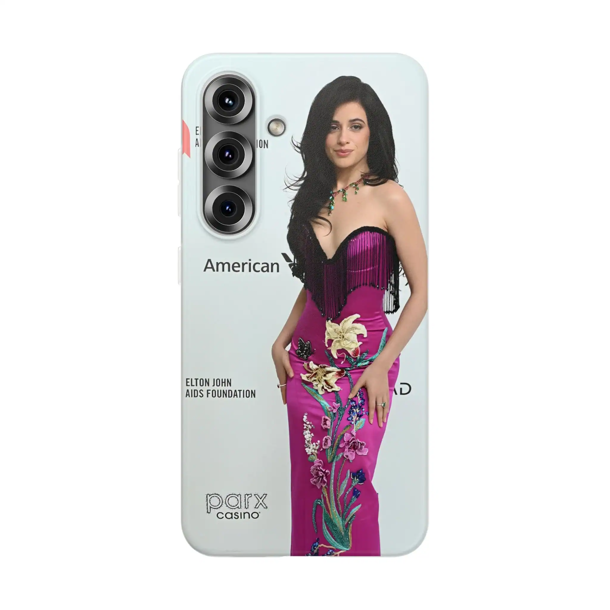 Stylish phone case featuring a photo of a woman in a vibrant purple dress with floral embroidery, designed to be affordable and high-quality for everyday use.