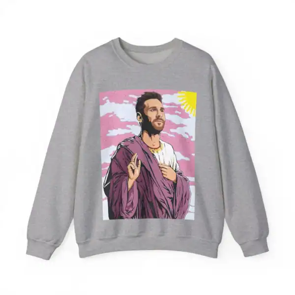 High-quality affordable merchandise featuring a stylish Jesus graphic on a comfortable sweatshirt for fans of trendy and inexpensive apparel.