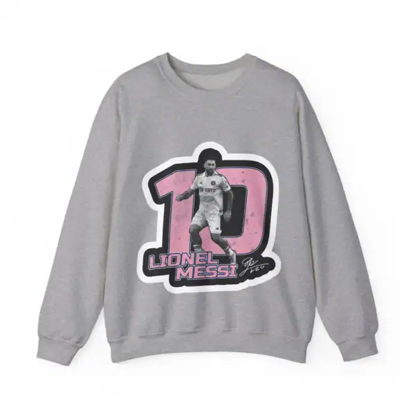 High quality gray sweatshirt with Lionel Messi graphic print, affordable price, and trending style. Perfect for fans or casual wear. Durable, soft fabric with vibrant design. Great value merchandise for soccer enthusiasts.