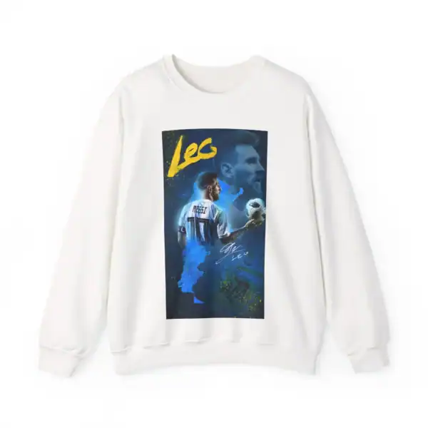 High-quality white sweatshirt featuring a vibrant graphic of Lionel Messi with bold lettering and artistic splashes, offering an affordable and stylish merch option.