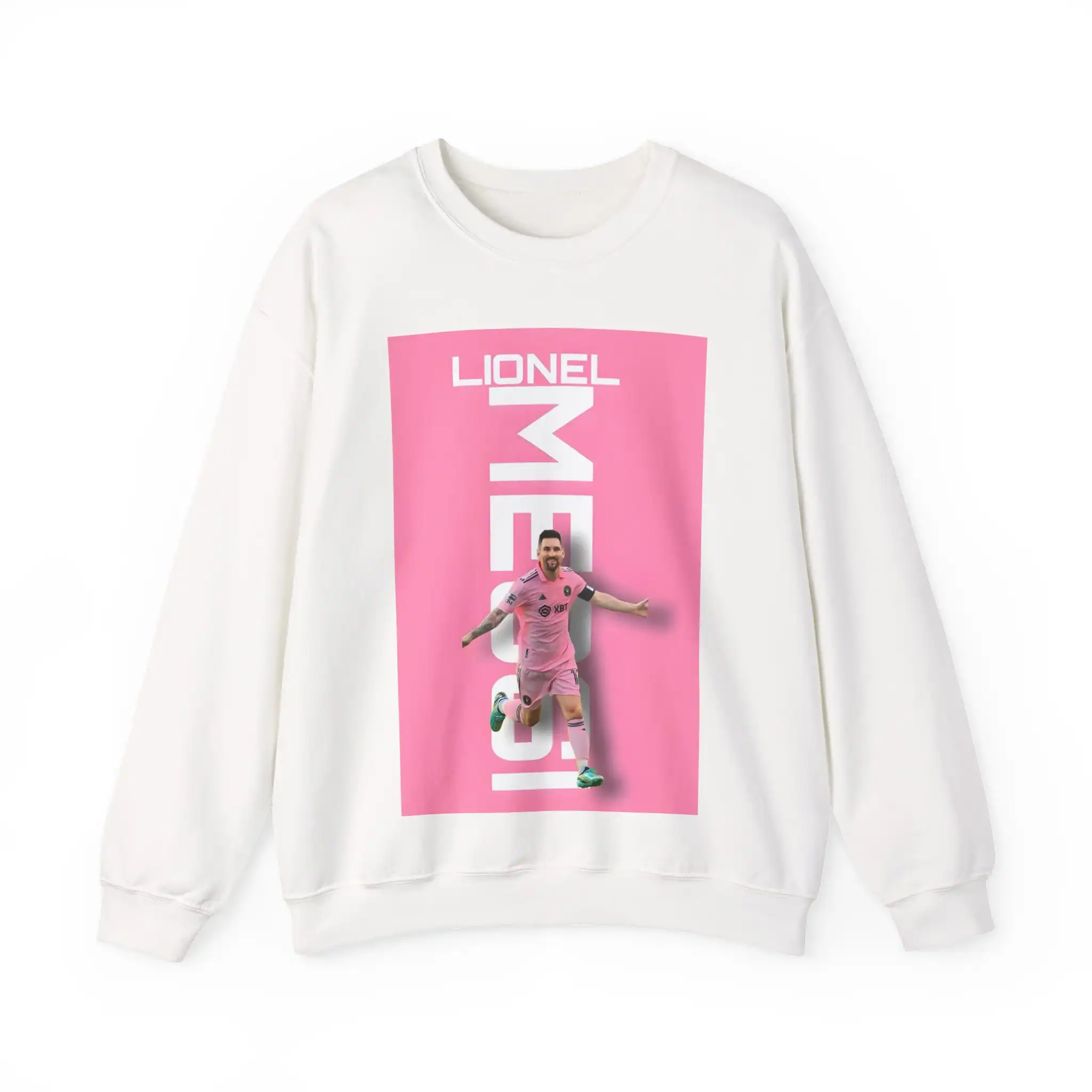 Lionel Messi sweatshirt with a graphic print of the football star in pink and white design. Casual high-quality merchandise perfect for football fans. Great for affordable team gear.