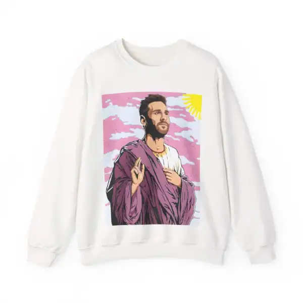 Vibrant sweatshirt featuring a modern graphic of a man resembling a religious figure with a purple robe and a serene expression, set against a pink sky with a yellow sun.