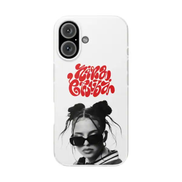 Unique phone case featuring a black-and-white photo of a woman with buns and sunglasses, paired with bold red graffiti-style text. Affordable, high-quality merchandise with trendy designs.