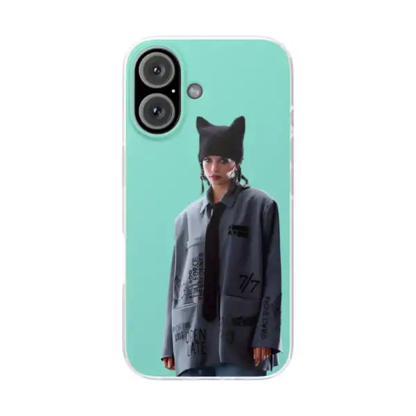 Iphone case with a young woman wearing a black cat-shaped hat, urban fashion style, vibrant background, trendy and artistic phone accessories.