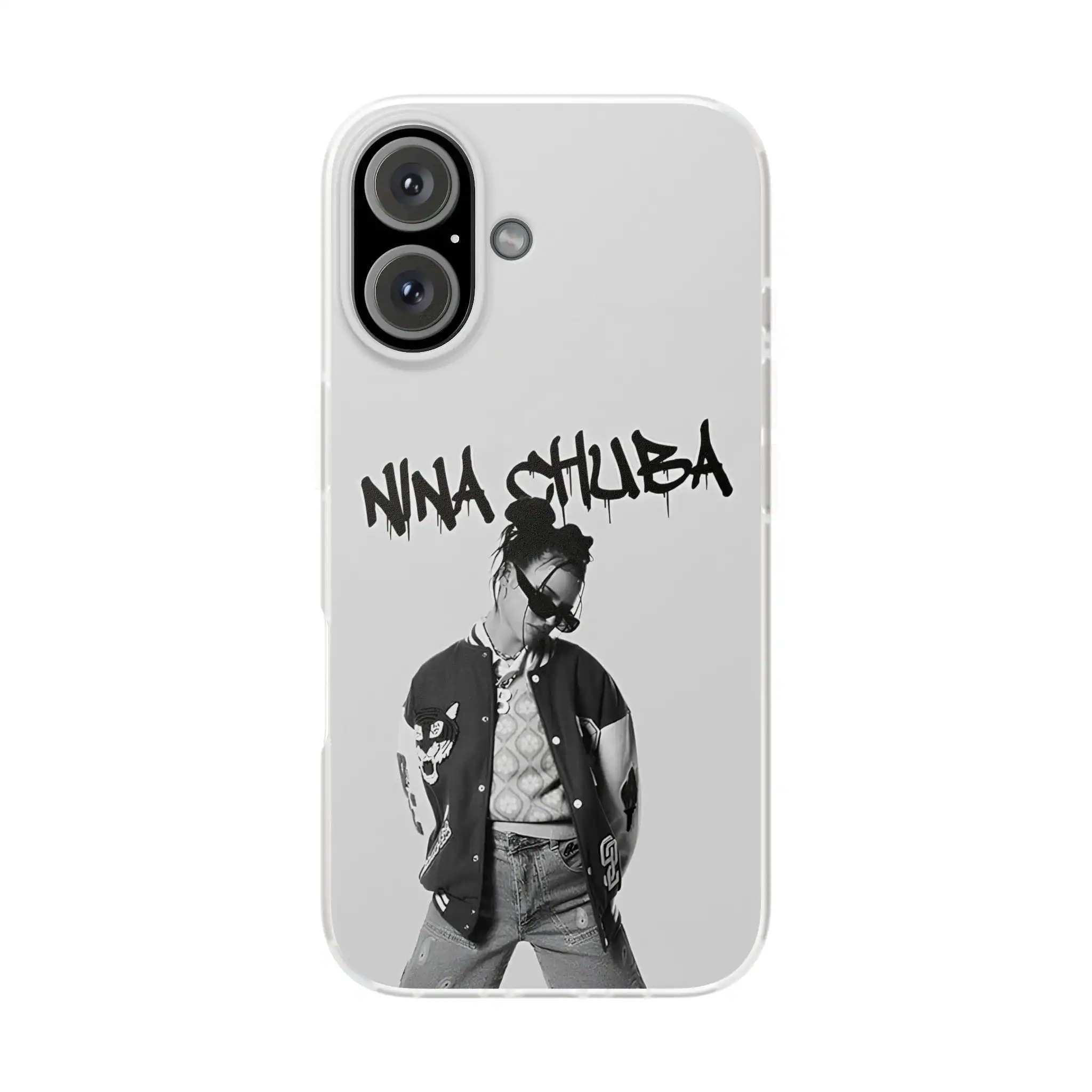 Nina chuba phone case with black and white graffiti art design.