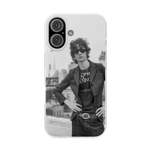 Black and white photo of a stylish woman wearing sunglasses, striped blazer, and graphic t-shirt, standing outdoors in an urban setting, printed on a smartphone case.