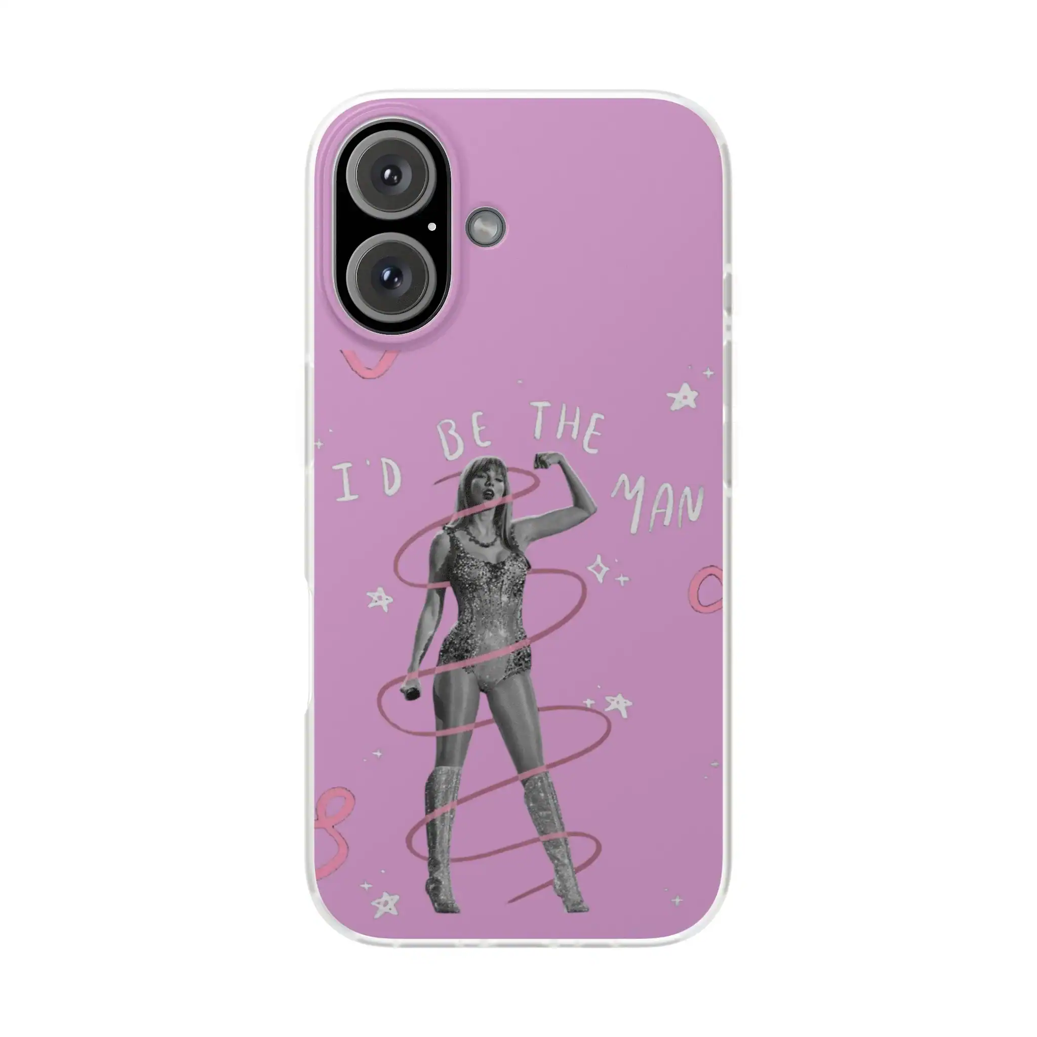 Handmade phone case with a purple background featuring a black-and-white image of a woman in a glittery outfit, surrounded by doodles and the phrase "I'd be the man". Stylish, affordable, and high-quality merch.
