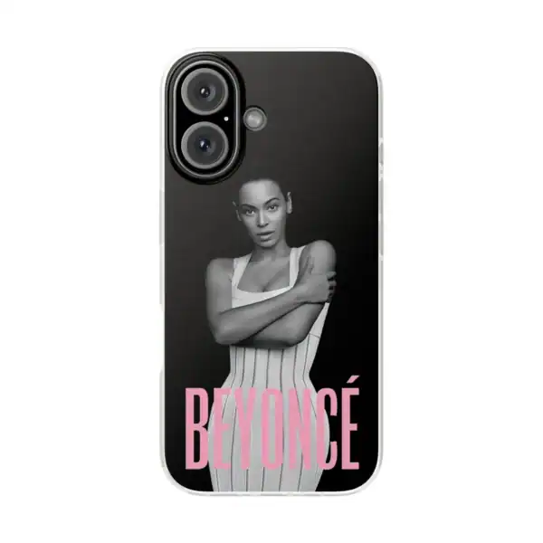 Stylish iPhone case featuring a black-and-white image of Beyoncé with the text "Beyoncé" in pink. Perfect for fans seeking affordable, high-quality merchandise to express their admiration.