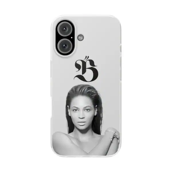 Black and white customized phone case featuring a stylish photo of a woman, a large letter "G" logo, and a modern design, perfect for affordable and high-quality merch.