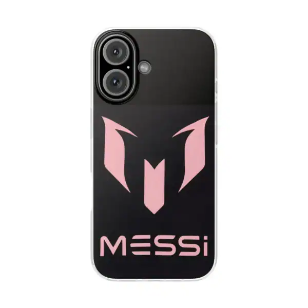 Black phone case with pink Messi logo and text, high-quality durable design for smartphones.