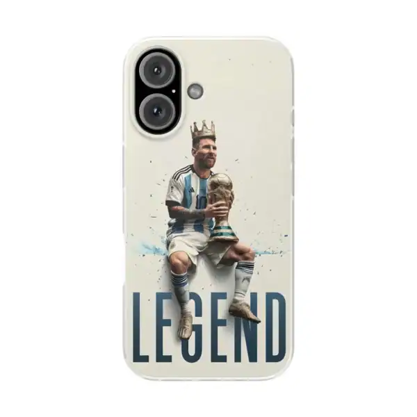 Realistic phone case featuring Lionel Messi holding a trophy, wearing an Argentina jersey with a crown on his head, and the word "LEGEND" at the bottom, emphasizing high-quality, affordable merchandise.
