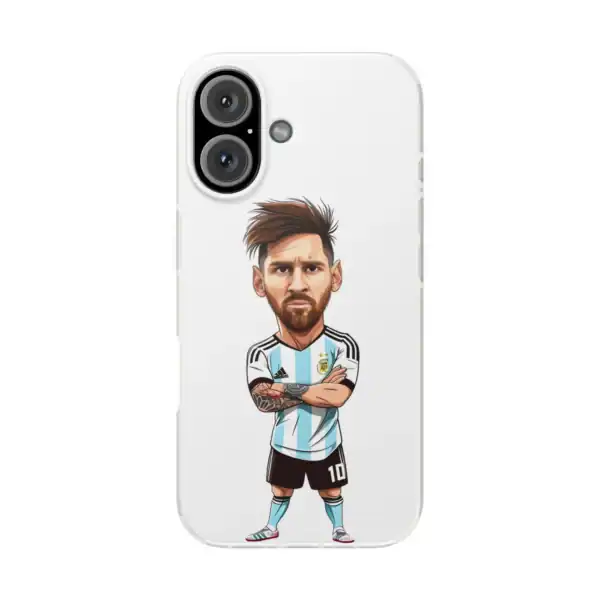 Stylized cartoon of a soccer player wearing Argentina national team jersey, with crossed arms, on a white phone case, representing affordable high-quality merchandise.