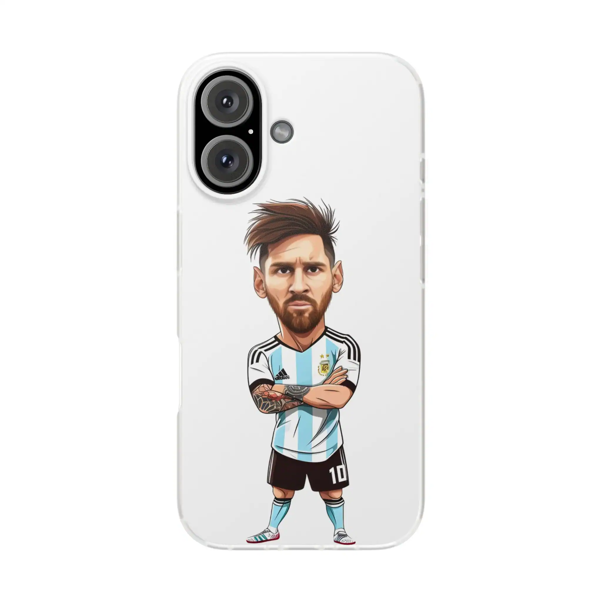 Stylized cartoon of a soccer player wearing Argentina national team jersey, with crossed arms, on a white phone case, representing affordable high-quality merchandise.