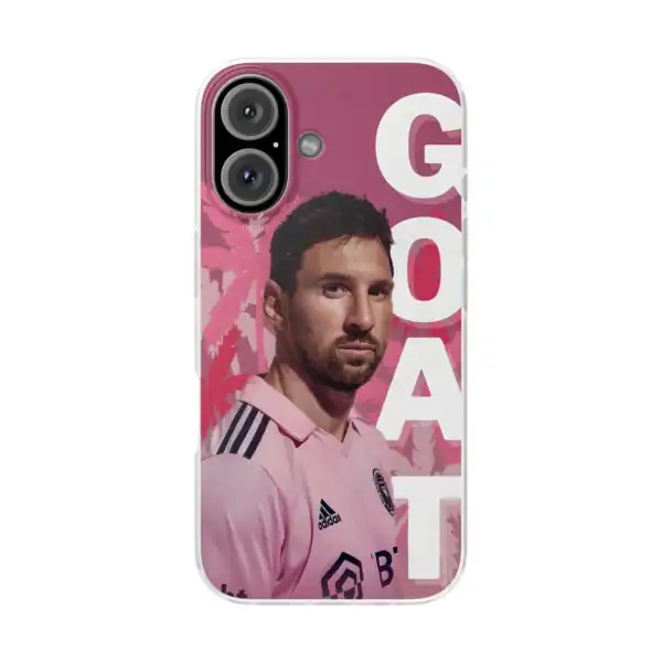 Manchester United soccer player wearing pink jersey with "GOAT" text in the background on a phone case.